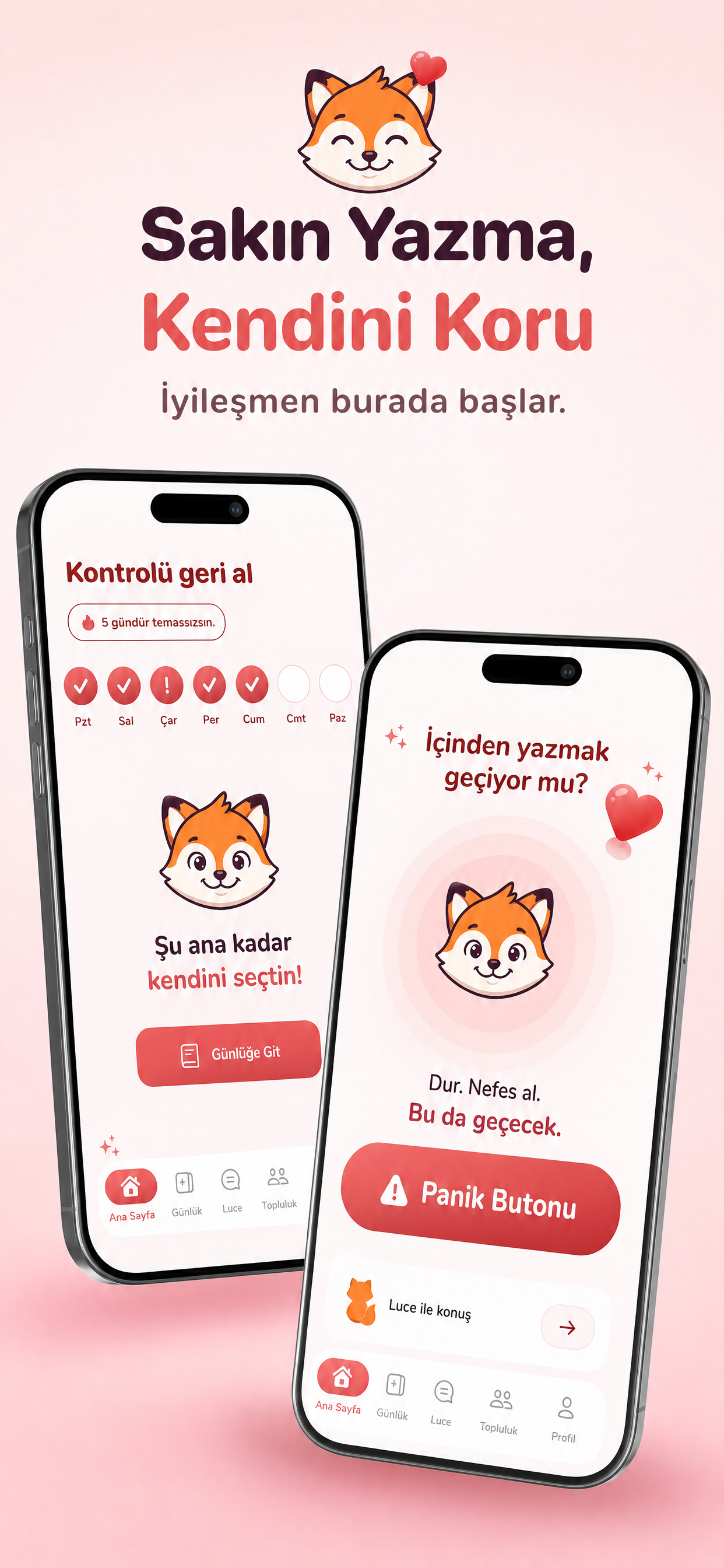 SakinYazma uygulama ekrani - No contact sayaci ve panik butonu